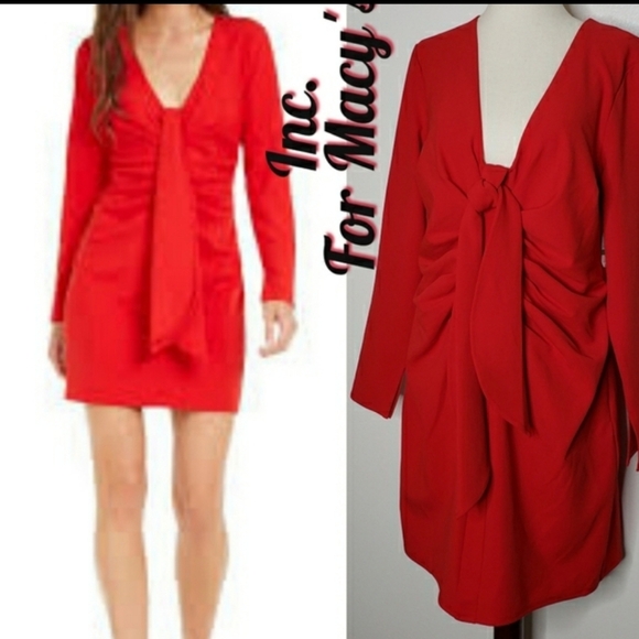NEW INC. Womens Sheath Drape Tie Long Sleeve Dress Mini Holiday Red - Picture 8 of 9